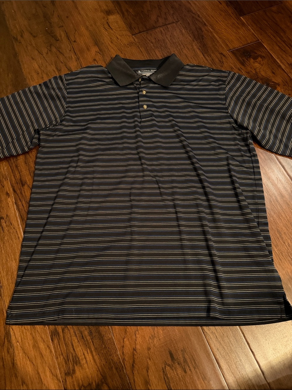 Pebble Beach Black Polo with Thin Blue and Gray Stripes